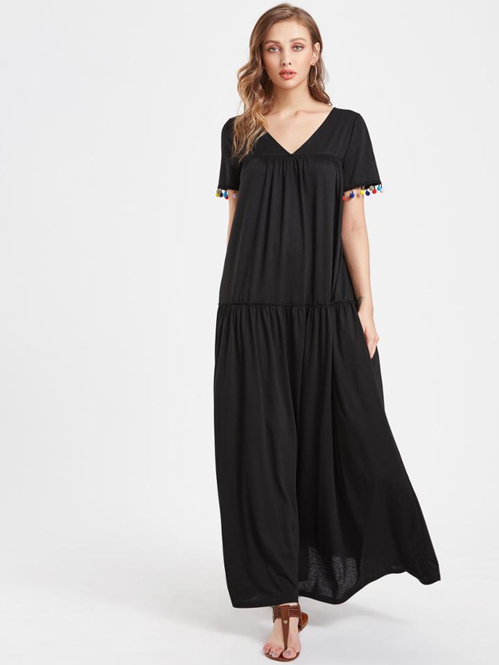 Shein V Neckline Pom Pom Full Length Dress