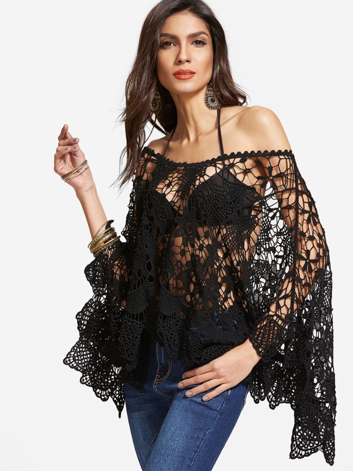 Shein Black Boat Neck Kimono Sleeve Crochet Cover Up Top