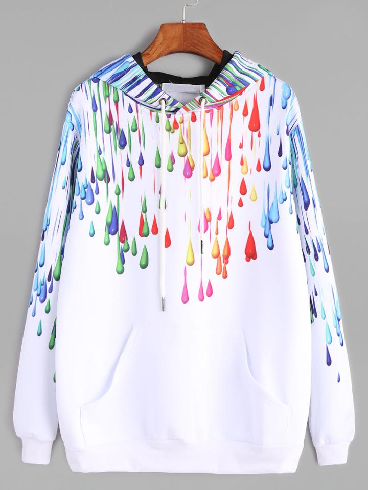 Shein White Hooded Paint Drip Print Pocket Sweatshirt