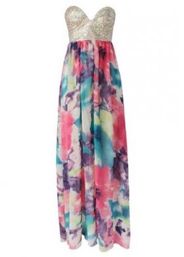 Rosewe Gorgeous Print Design Tube Pattern Maxi Dress With Sequins