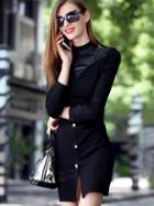 Shein Black Stand Collar Length Sleeve Contrast Pu Dress