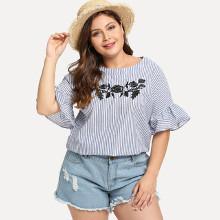 Shein Plus Flounce Sleeve Embroidery Blouse