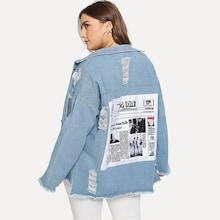 Shein Plus Drop Shoulder Frayed Hem Letter Denim Jacket