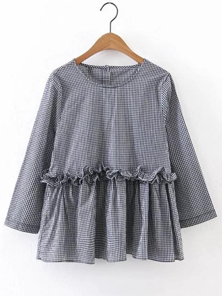 Shein Grid Frill Trim Tunic Blouse