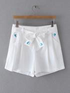 Shein White Heart Embroidery Shorts With Belt