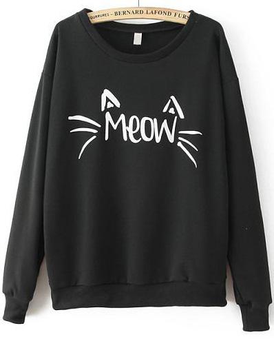 Shein Meow Cat Print Loose Black Sweatshirt