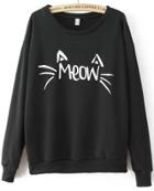 Shein Meow Cat Print Loose Black Sweatshirt