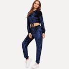 Shein Solid Crop Velvet Hoodie And Pants Set