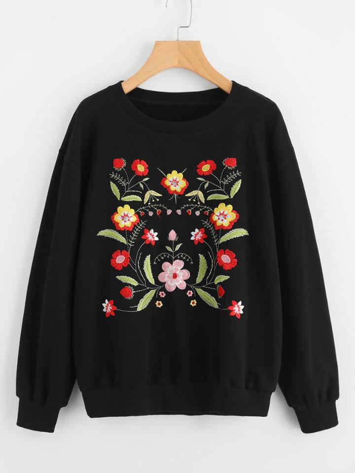 Shein Drop Shoulder Symmetric Flower Embroidered Pullover