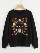 Shein Drop Shoulder Symmetric Flower Embroidered Pullover