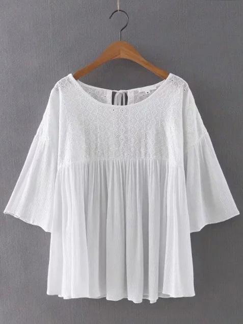 Shein White Bell Sleeve Embroidered Tie Back Blouse