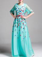 Shein Flowers Embroidered Belted Maxi Dress