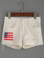 Shein White Ripped American Flag Patch Denim Shorts