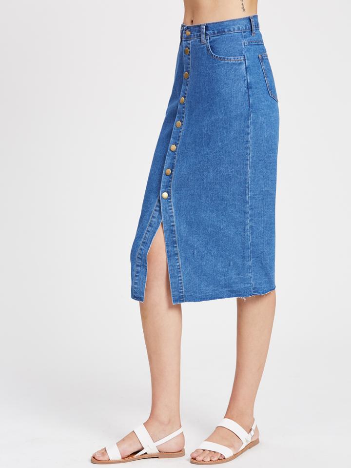 Shein Button Up Raw Cut Midi Denim Skirt