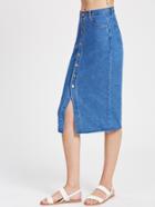 Shein Button Up Raw Cut Midi Denim Skirt