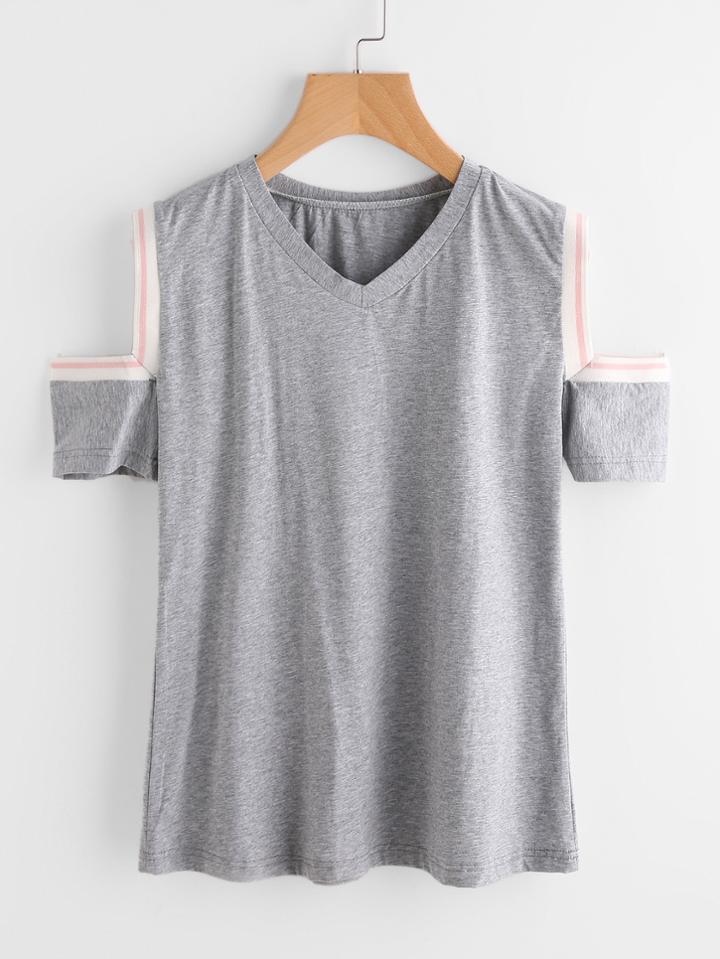 Shein Contrast Trim Cut Out Shoulder Marled T-shirt