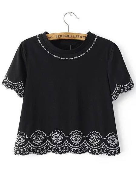 Shein Black Embroidery Short Sleeve Top