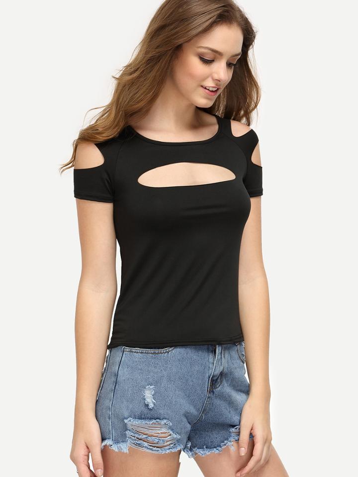 Shein Black Open Shoulder Cut Out T-shirt