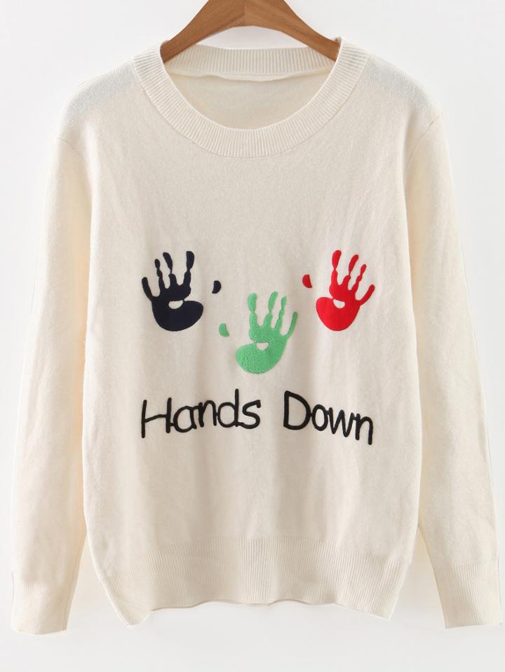 Shein White Palm Print Round Neck Sweater