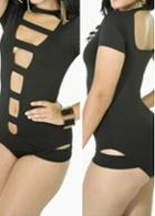 Rosewe Black Short Sleeve Hollow Design Bodysuit