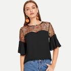 Shein Embroidery Mesh Yoke Sweetheart Top