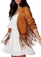 Rosewe Novelty Tassels Decorated Long Sleeve Woman Cardigans Brown