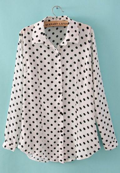 Shein White Long Sleeve Polka Dot Chiffon Blouse
