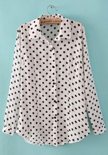 Shein White Long Sleeve Polka Dot Chiffon Blouse