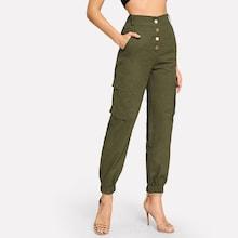 Shein Pocket Patched Elastic Hem Buttoned Pants