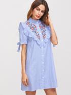 Shein Ruffle Trim Tie Sleeve Embroidered Striped Shirt Dress