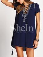 Shein Royal Blue Lace Up Print Front Shift Dress