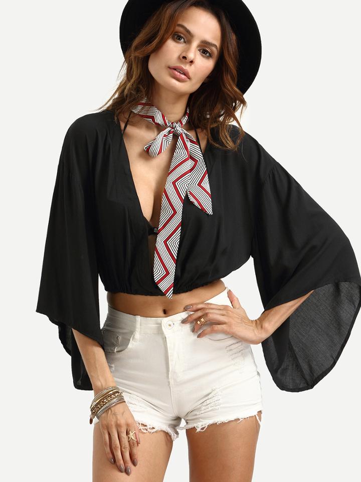 Shein Black Deep V Neck Bell Sleeve Crop Top