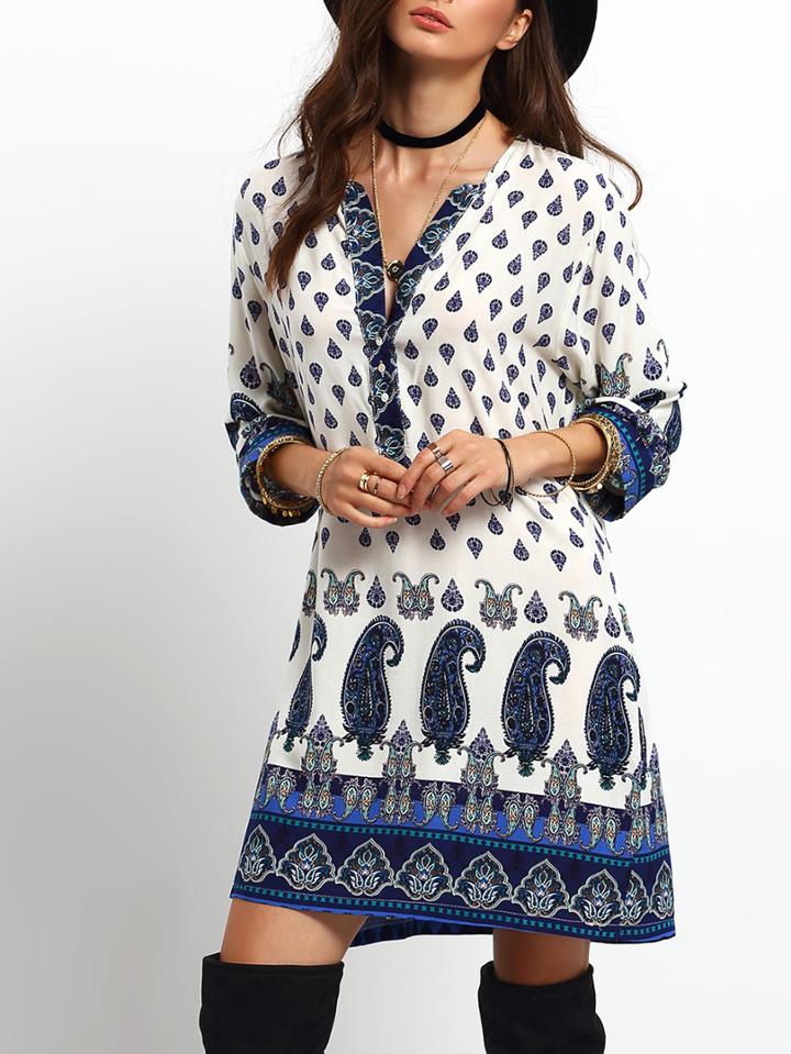 Shein Blue Beige V Neck Tribal Print Loose Dress