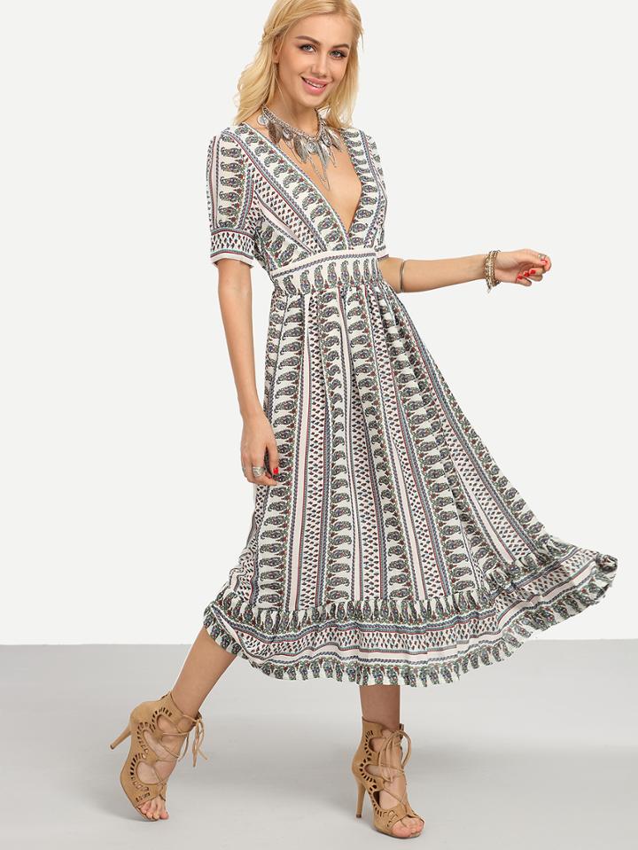 Shein Multicolor Paisley Print Double V Neck Dress