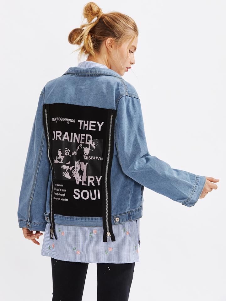 Shein Patch Back Zipper Detail Denim Jacket