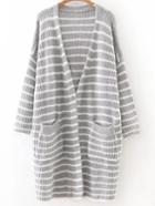 Shein Grey Striped Drop Shoulder Pocket Long Cardigan