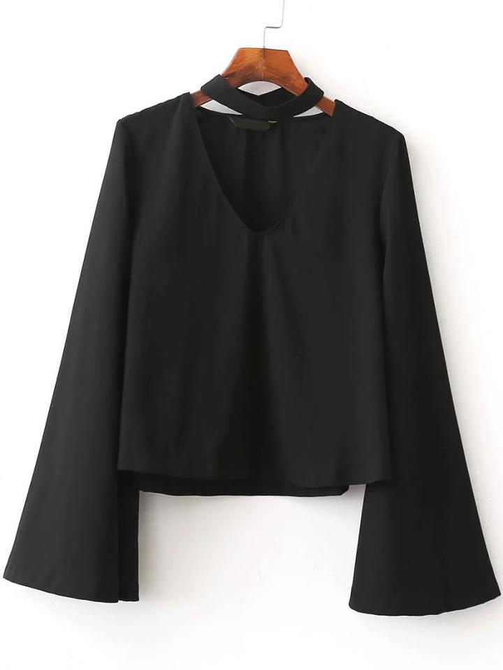 Shein Black Choker V Neck Bell Sleeve Blouse