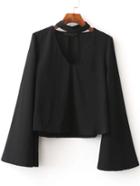 Shein Black Choker V Neck Bell Sleeve Blouse