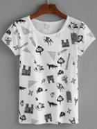 Shein Allover Graphic Print White T-shirt