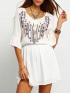 Shein White Bell Sleeve Geometric Print Dress