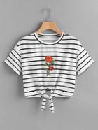 Shein Embroidered Rose Patch Knot Front Striped Tee