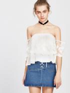 Shein White Off The Shoulder Layered Embroidered Mesh Top