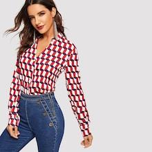 Shein V-placket Cube Print Blouse
