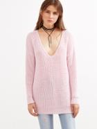 Shein Pink Deep V Neck Lace Up Back Drop Shoulder Sweater