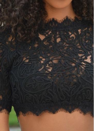 Rosewe Round Neck Lace Solid Black Blouse