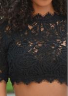 Rosewe Round Neck Lace Solid Black Blouse