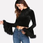 Shein Faux Feather Detail Crop Velvet Tee