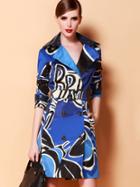 Shein Blue Lapel Long Sleeve Belt Print Coat