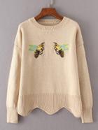 Shein Bee Embroidery Scalloped Hem Sweater