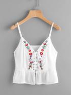 Shein Grommet Lace Up Symmetric Embroidered Peplum Cami Top